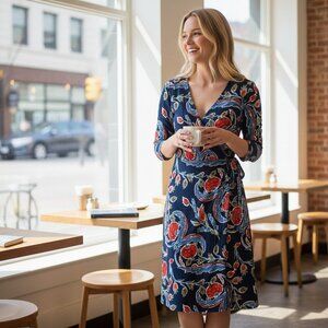 Escada Dress Blue Red Floral Jersey Knit Print Designer Size 36 Medium